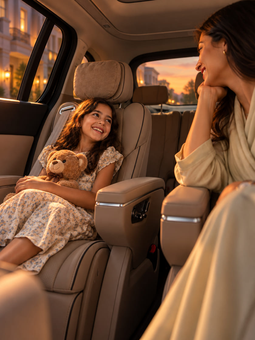 A mother and her daughter laughing in the captain's chairs of an XPENG X9